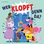 Buchtitel: "Wer klopft denn da?" Mehrere bunte, fröhliche Tiere stehen um eine blaue Tür herum.