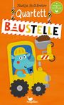 „Quartett Baustelle“, ein Nashorn in Bauarbeiterkleidung fährt einen Bagger, alles auf orangefarbenem Hintergrund.