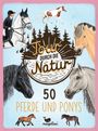 „Tour durch die Natur“, „50 Pferde und Ponys“. Illustration mit Pferden und Ponys in verschiedenen Farben auf blauem Hintergrund.