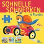 "SCHNELLE SCHNECKEN", "4 Puzzles", Puzzle-Illustration: eine Schnecke im Rennauto mit Schal.