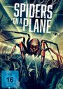 Text: "Spiders on a Plane". Illustration: Eine riesige Spinne in einem Flugzeuginnenraum, mehrere kleine Spinnen und ein FSK 16 Symbol.