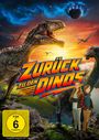 „ZURÜCK ZU DEN DINOS“ in rot-gelbem Schriftzug. Riesige Dinosaurier und zwei Kinder, ein UFO am Himmel, Sonnenuntergang.