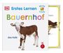 „Erstes Lernen Bauernhof“, „Würfel Puzzle“, „das Kalb“. Foto eines Kalbs und eines Huhns auf einem Buchcover.