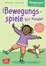 "Bwgungsspiele für Kinder", Kartenspiel "Bewegt euch!", Alter 4-10 Jahre. Ein Kind balanciert neben einem freudigen Eichhörnchen.