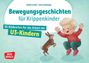 „Bewegungsgeschichten für Krippenkinder“, 30 Bildkarten für U3-Kinder. Illustration: Kind springt freudig neben einem Hasen.