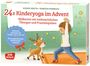 "24 x Kinderyoga im Advent" steht oben. Ein Kind macht Yoga neben einem lächelnden Rentier. Schnee und Sterne im Hintergrund.