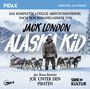 „Jack London: Alaska Kid“, Abenteurer mit Huskies im verschneiten Gebirge. PIDAX und SWR2 Kultur-Logos.