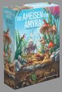 „DIE AMEISEN VON AMYRA“ von Renato Ciervo & Andrea Robbiani. Illustration mit Ameisen, Pilzen und Spinne im Gras.