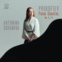 PROKOFIEV Piano Sonatas Nos. 6, 7, 8. Antonina Suhanova steht in weiß vor einem schwarzen Flügel, links Logo "P. Prospero".