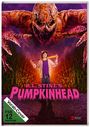 Oben steht "R.L. Stine's PUMPKINHEAD". Ein Junge in einem Feld hält ein Baseballschläger, ein Monster lauert darüber.
