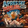 „APRES SKI SUPER HITS 2027“, „DAS BESTE VON DEN SKI HÜTTEN“, „NEUE HITS und KULT KLASSIKER“. Illustration: Feiernde Menschen in Ski-Kleidung mit Bierkrügen in einer Berghütte.
