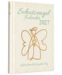 "Schutzengel Kalender 2027. Lebensfreude für jeden Tag." Illustration eines Engels mit Herz, goldene Linie auf hellem Hintergrund.