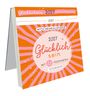 "Glücklichsein 2027 Postkartenkalender, 2027 Wochenkalender, 53 Postkarten" auf orange-rosa Hintergrund.