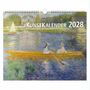 Text: "KunstKalender 2028". Impressionistisches Gemälde von zwei Personen im Kanu auf einem Fluss, mit idyllischem Hintergrund.