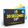 „30 SECONDS 2go“ steht in Gelb auf einer schwarzen Schachtel. Oben rechts „NEU“, unten „Das Partyspiel für alle!" in bunten Buchstaben.