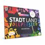 „Stadt Land Vollpfosten“ in bunten Buchstaben, umgeben von farbenfrohen Symbolen wie Eis, Flamingo und Geschenken.