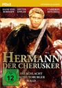 Oben: PIDAX, rechts: HISTORIEN-KLASSIKER. Namen: Hans von Borsody, Dieter Eppler, Cameron Mitchell. „Hermann der Cherusker“. Darunter: „Die Schlacht im Teutoburger Wald“. Ein Krieger in römischer Rüstung mit Schwert und Pferd.