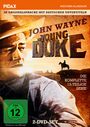 "JOHN WAYNE THE YOUNG DUKE" in Großbuchstaben über einem Western-Hintergrund. Oben "IN ORIGINALSPRACHE MIT DEUTSCHEN UNTERTITELN".