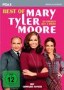 „BEST OF MARY TYLER MOORE“ steht vor rosa Hintergrund. Drei Personen sind abgebildet, im Fokus eine Frau in Rot.

