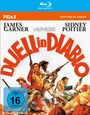"DUELL in DIABLO" in Orange. James Garner und Sidney Poitier. Illustration: Cowboy-Szene mit Waffen und Pferden. FSK 16.