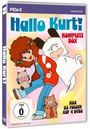 "Hallo Kurt! Komplett Box. Alle 63 Folgen auf 4 DVDs. Illustration zeigt fröhliche Figuren, darunter ein Kind und ein weißer Hund."