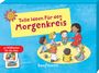 Text: "Tolle Ideen für den Morgenkreis", "40 Bildkarten für die Kita"
Illustration: Kinder sitzen mit einem Lehrer im Kreis. Ein lächelndes Sonnen-Logo.