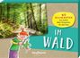 Text: "40 Bildkarten mit tollen Mini-Projekten für die Kita", "Im Wald". Ein Kind mit Lupe und Pflanzen. Waldweg mit Sonnenlicht.