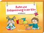 "Ruhe und Entspannung in der Kita", 40 Bildkarten. Ein Mädchen hält ein Kuscheltier, ein Junge spielt mit einer Klangschale.
