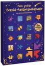 Lila Adventskalender mit Text: „Mein großer Puzzle-Adventskalender. Die Weihnachtsgeschichte“. Puzzleteile und Illustrationen.