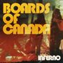 Text: "BOARDS OF CANADA" oben, "INFERNO" unten. Verschwommenes, warm getöntes Foto von Personen im Wald.
