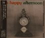 "A happy afternoon" in bunten Buchstaben, daneben eine alte, dekorative Uhr, links japanische Schriftzeichen.