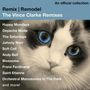 "Remix | Remodel: The Vince Clarke Remixes" über blaugrauer Fläche mit Katzengesicht, blaue und braune Augen.