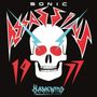 Text: "SONIC ASSASSIN 1977 HAWKWIND". Farbiges Totenkopf-Design mit Blitzmotiven und rotem, kantigem Schriftstil.