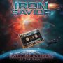 IRON SAVIOR, EARTH MIX, AWESOME ANTHEMS OF THE GALAXY. Logo-Design: Kassette im Weltraum mit Planeten und Raumschiffen.