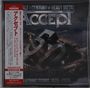 Text: "ACCEPT", "50", "Teutonic Titans 1976-2026". Metallstruktur in dramatischer Landschaft. Japanischer Text links.