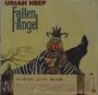 "Uriah Heep", "Fallen Angel". Illustration einer Person im Zebramuster-Outfit mit Kopfschmuck und einem großen Vogel.