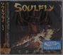 "SOULFLY" oben, "CHAMA" unten, Rahmen eines Feuers im Hintergrund, seitlicher Text in Japanisch, blaues "NEW MUSIC FRIDAYS"-Sticker.