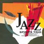 "JAZZ SPIRITS TRIO" Text in Schwarz auf buntem Hintergrund; abstrakte Formen und Figuren in Rot, Orange und Gelb.
