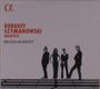 "Debussy Szymanowski Quartets Belcea Quartet", rote und schwarze Schrift, Silhouetten von vier Personen, schlichtes Design.