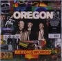 OREGON, BEYOND WORDS. Vintage-Foto von drei Männern in Lederjacken, umgeben von bunten, abstrakten Bildern und Collagen.