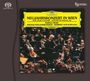 Cover mit gelbem Text: "Neujahrskonzert in Wien, Wiener Philharmoniker, Herbert von Karajan." Dirigent vor Orchester.