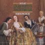 Text: "Mozart Gran Partita Nachtmusik Harnoncourt". Eine historische Szene mit vier elegant gekleideten Frauen.