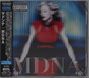 Texte: MDNA, Madonna Collection, Parental Advisory. Illustration: Frau in rotem Kleid mit verwischten Lichteffekten.
