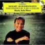 Text: "Mozart Klaviersonaten, Piano Sonatas K.281, K.282, K.533/K.494, Maria João Pires". Frau lächelnd vor unscharfem Hintergrund.