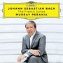 Oben ein gelbes Logo: "Deutsche Grammophon". Darunter steht: "Johann Sebastian Bach, The French Suites, Murray Perahia". Ein Mann im grauen Anzug sitzt auf Treppen.