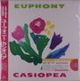 Oben steht "Euphony". Unten "Casiopea". Bunte Blumenillustration mit grünen, rosa und violetten Blüten.
