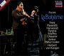 Oben: "Puccini La Bohème". Namen: Freni, Pavarotti, Harwood, Panerai, Maffeo, Ghiaurov. Berliner Philharmoniker, Herbert von Karajan. Links in einer Szene ein Mann und eine Frau.