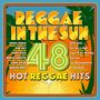 "Reggae In The Sun", 48 Hot Reggae Hits; Künstlernamen und Songtitel. Tropische Farben und Palmen im Hintergrund.