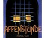 Text: "AFFENSTUNDE" und "POPOL VUH". Illustration eines Gefängnisgitters mit gelb-orange leuchtendem Hintergrund.
