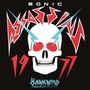 "SONIC," "ASSASSIN," "1977," "Hawkwind" in stilisierten Schriftzügen mit Totenkopf, roten Augen und blauen Blitzen.